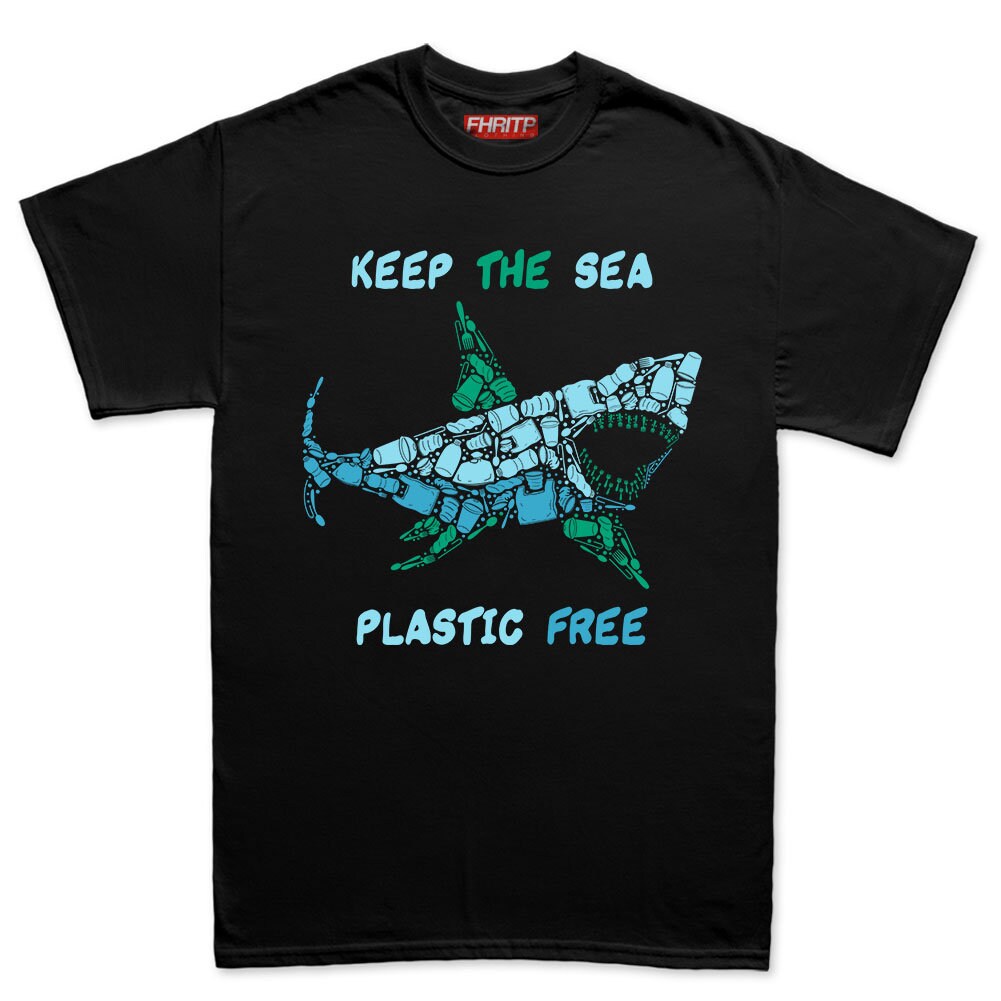 Mens Shark Plastic Mosaic Great White Hand Drawn Environment Protest T shirt Tee Top T-shirt