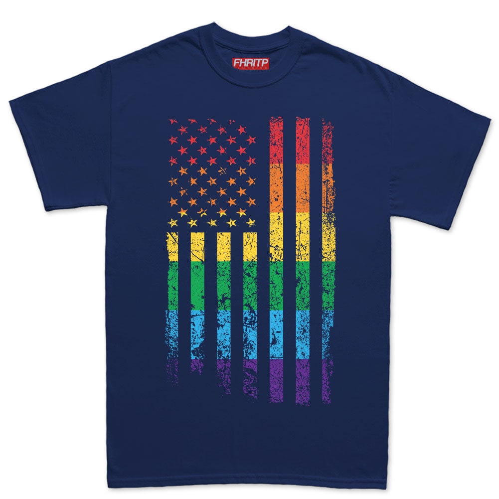 Mens America USA Rainbow Pride Flag LGBT Rights T shirt Tee Top T-shirt
