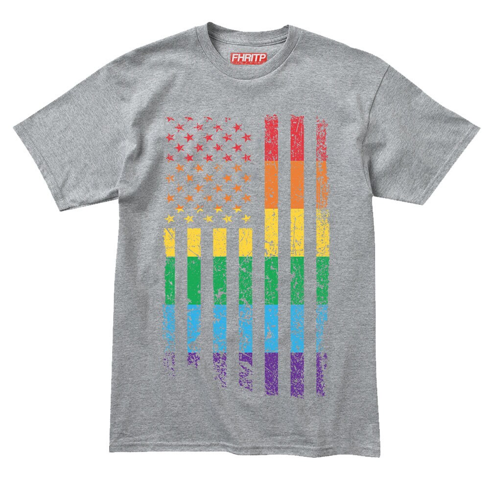 Mens America USA Rainbow Pride Flag LGBT Rights T shirt Tee Top T-shirt