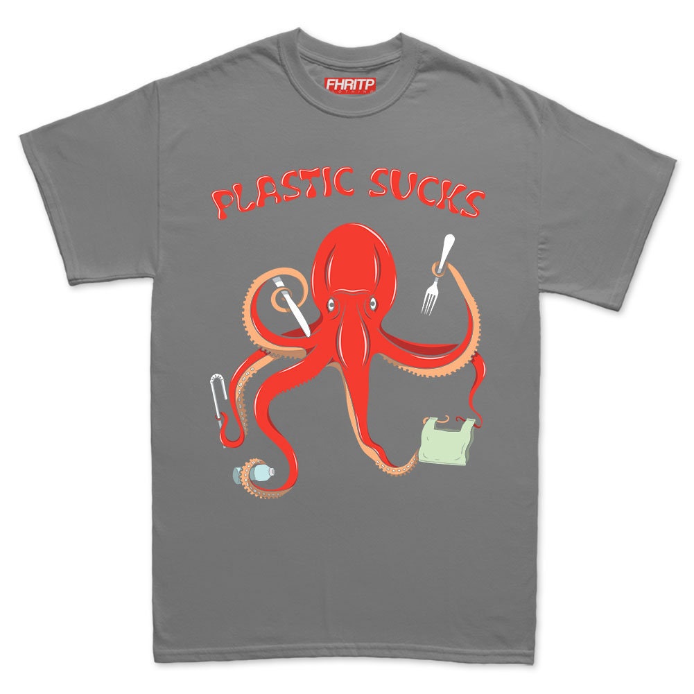 Mens Plastic Sucks Octopus Environmental Marine Protection Recycling Protest T shirt Tee Top