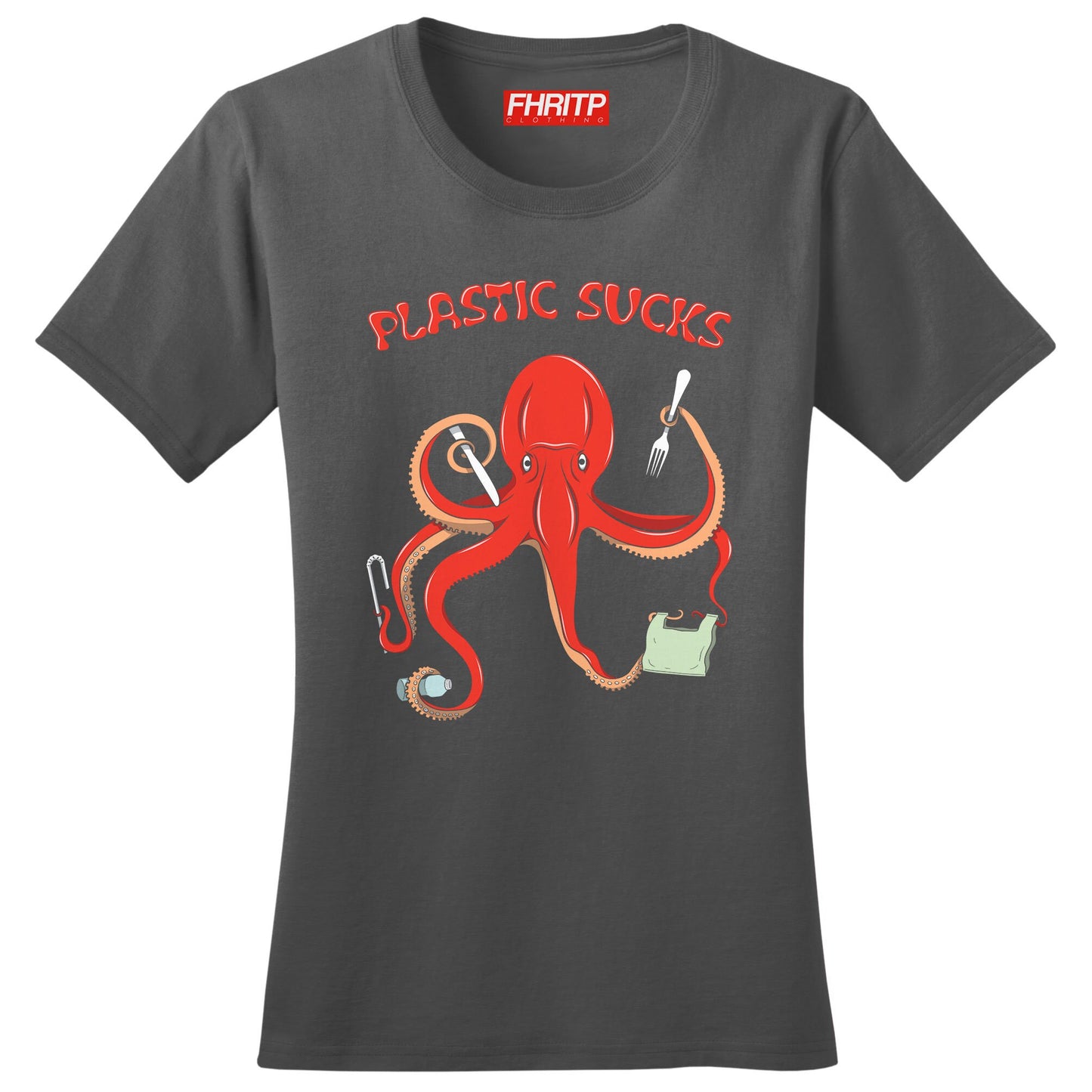 Ladies Plastic Sucks Octopus Environmental Marine Protection Recycling Protest T shirt Tee Top T-shirt