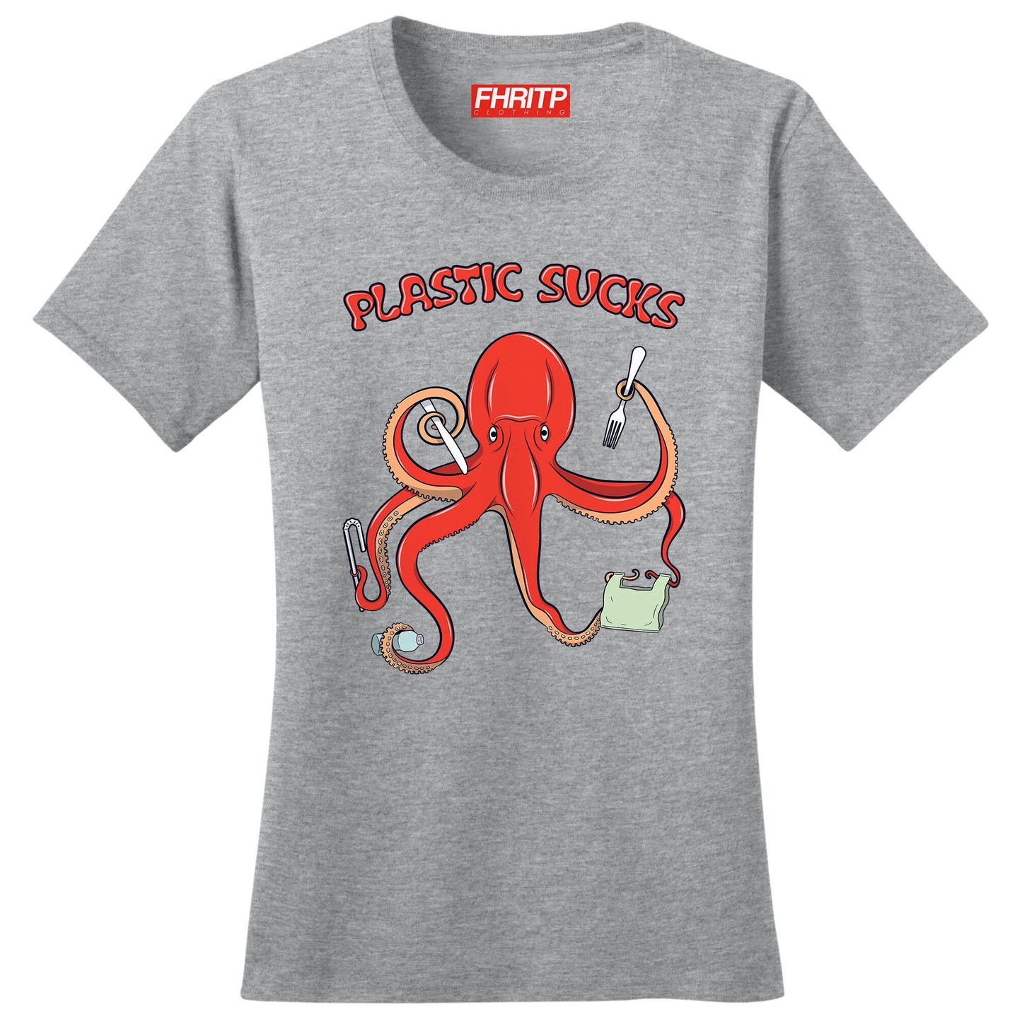 Ladies Plastic Sucks Octopus Environmental Marine Protection Recycling Protest T shirt Tee Top T-shirt