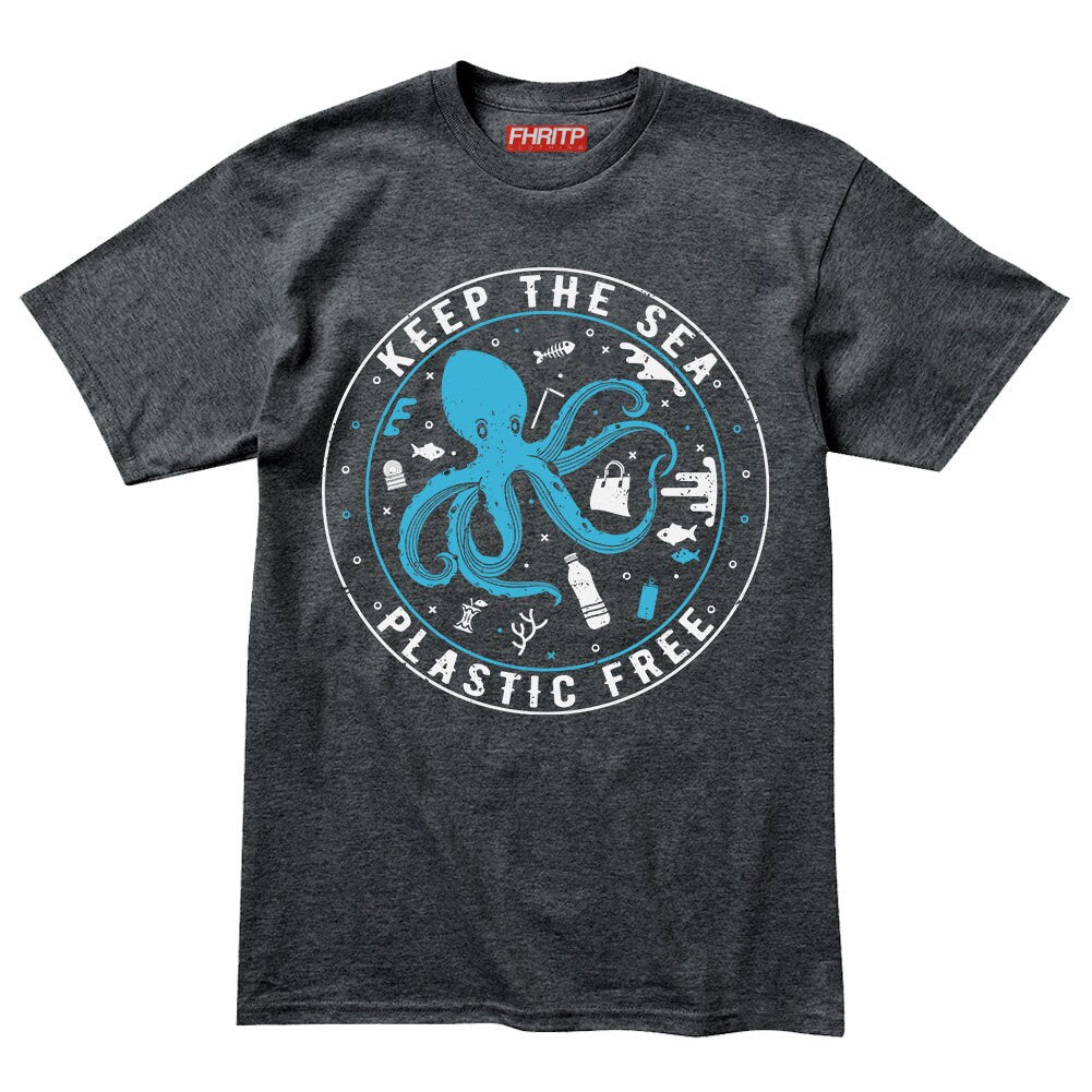 Mens Keep the Sea Plastic Free Octopus Protest T shirt Tee Top T-shirt