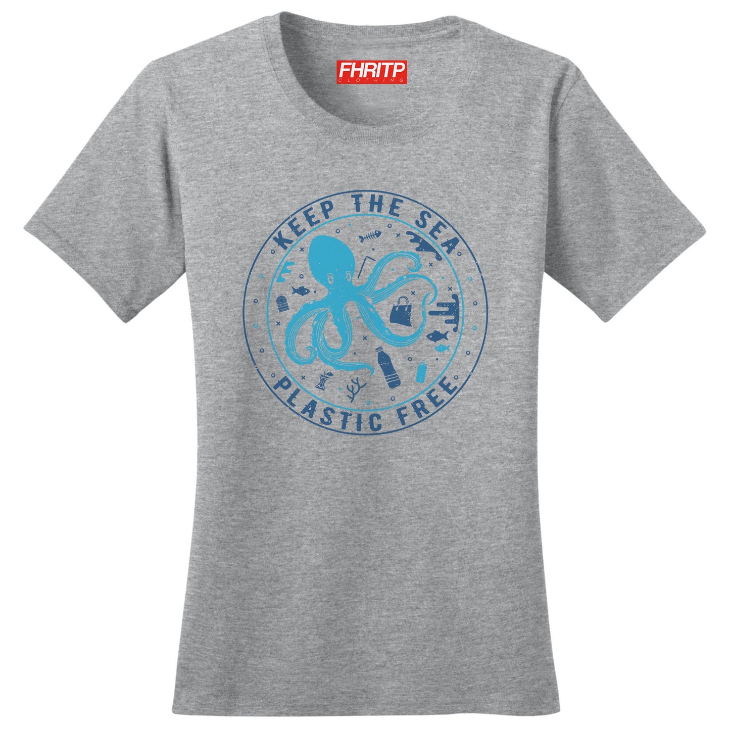 Ladies Keep the Sea Plastic Free Octopus Protest T shirt Tee Top T-shirt