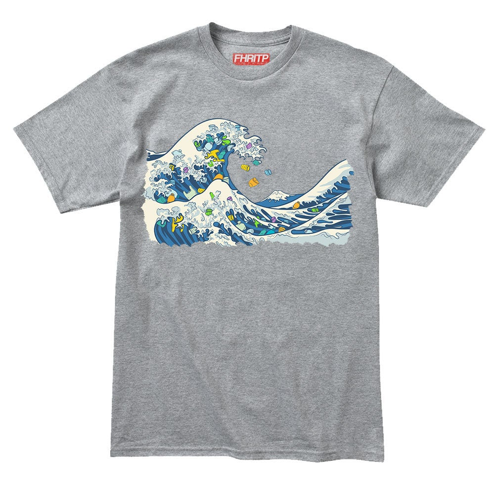 Mens Great Wave Of Plastic Marine Pollution Protest Hand Drawn T shirt Tee Top T-shirt