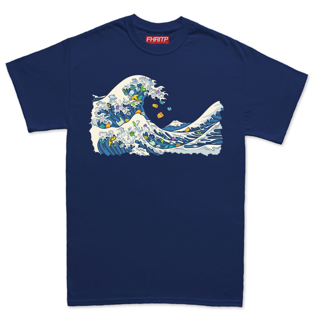 Mens Great Wave Of Plastic Marine Pollution Protest Hand Drawn T shirt Tee Top T-shirt