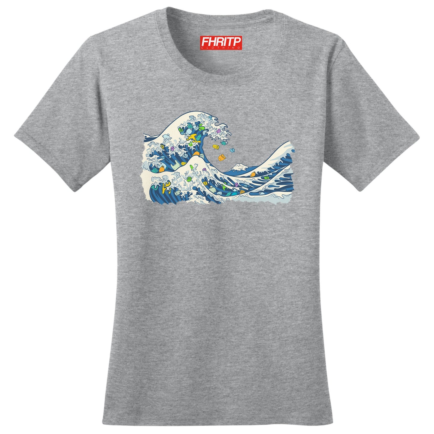 Ladies Great Wave Of Plastic Marine Pollution Protest Hand Drawn T shirt Tee Top T-shirt