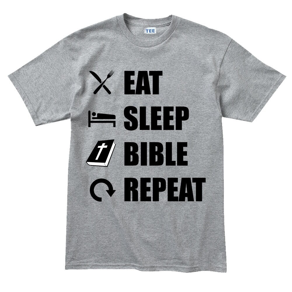 Mens Eat Sleep Bible Repeat Funny Religious Christian T shirt Tee Top T-shirt