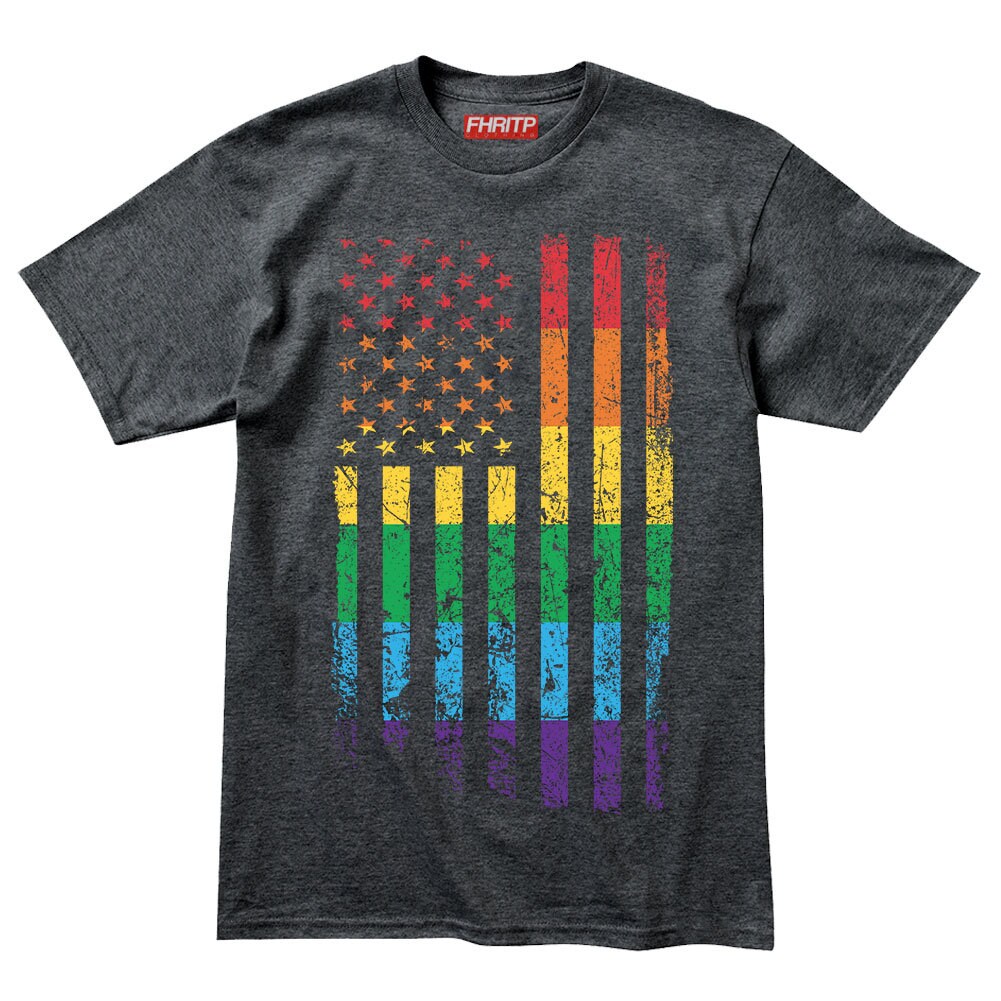 Mens America USA Rainbow Pride Flag LGBT Rights T shirt Tee Top T-shirt