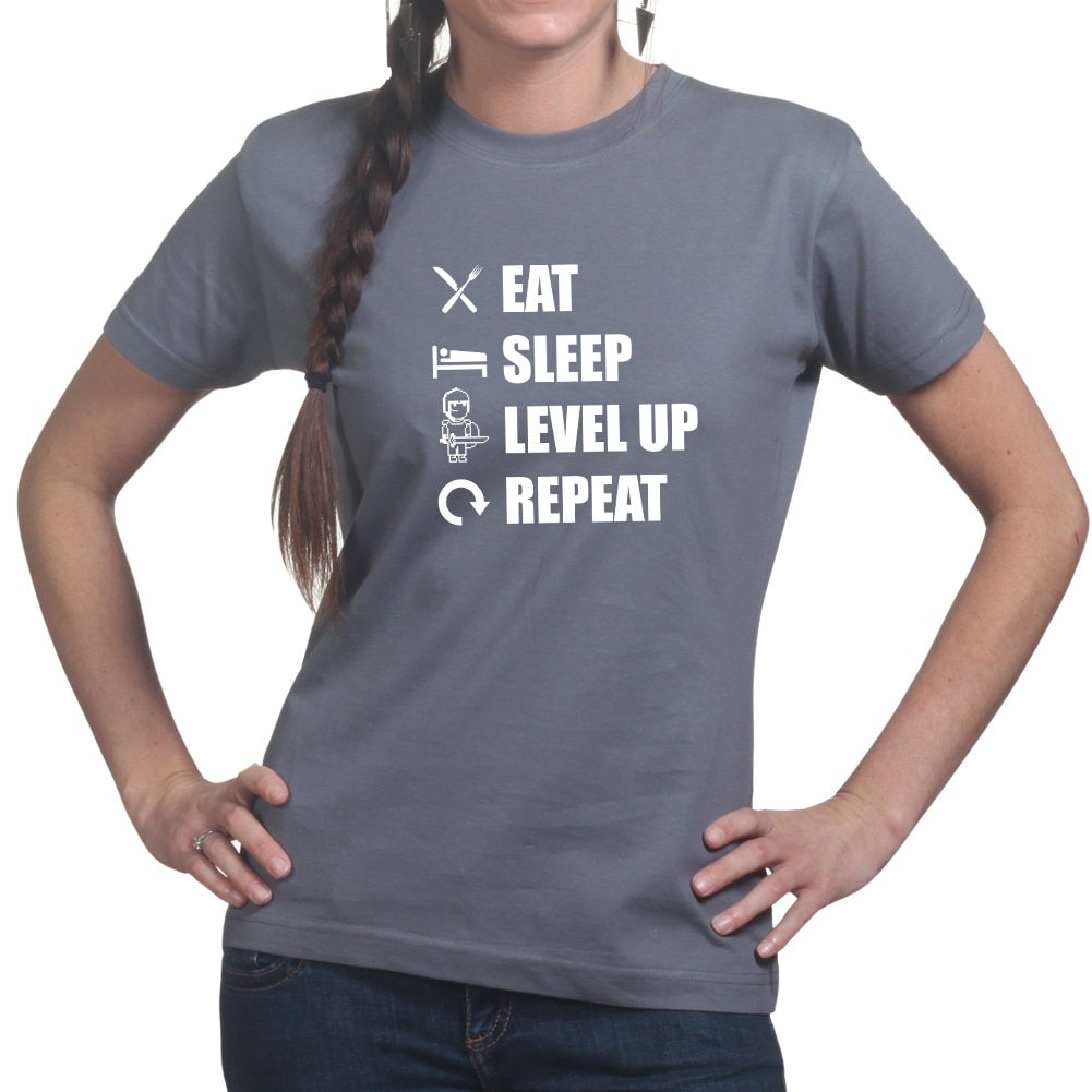 Womens Eat Sleep Level Up Repeat Funny Gaming T shirt Tee Top T-shirt