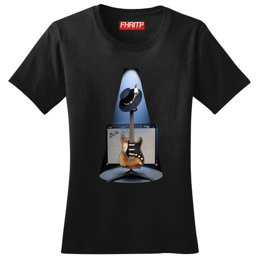 Ladies Stevie Ray Texas Floodlights 1959 American Standard SRV Guitar Number One Blue Music Tribute T shirt Tee Top T-shirt