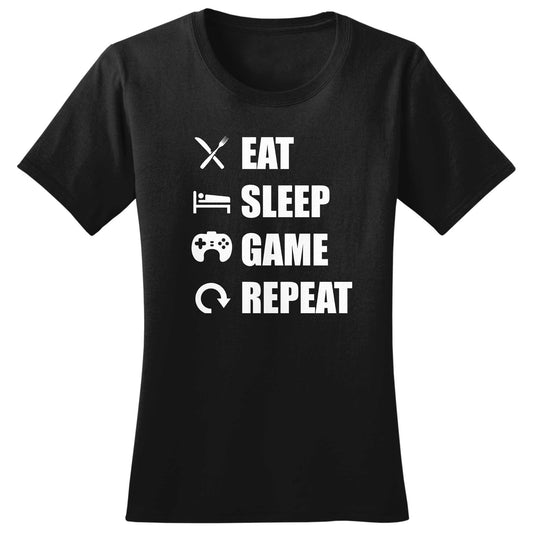 Ladies Eat Sleep Game Repeat Funny Gamer Gaming T shirt Tee Top T-shirt