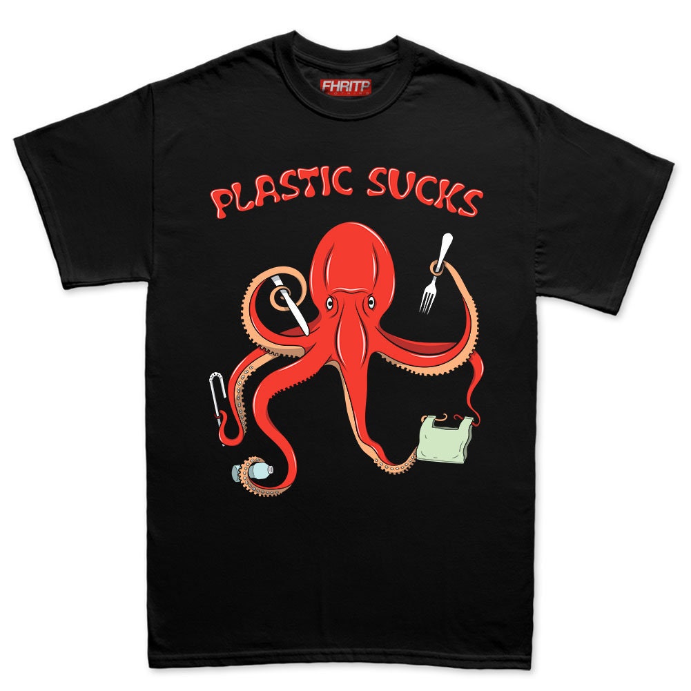 Mens Plastic Sucks Octopus Environmental Marine Protection Recycling Protest T shirt Tee Top