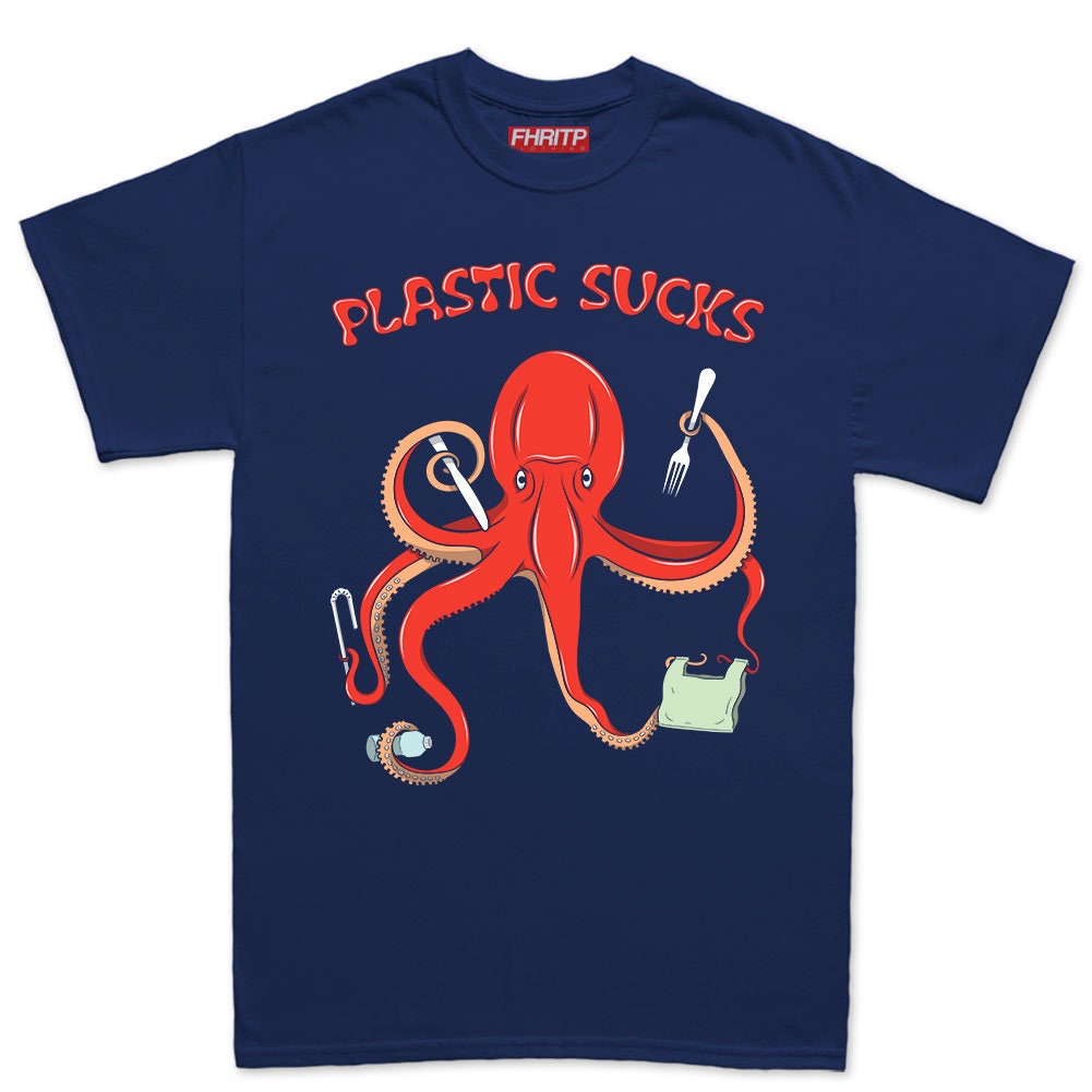 Mens Plastic Sucks Octopus Environmental Marine Protection Recycling Protest T shirt Tee Top