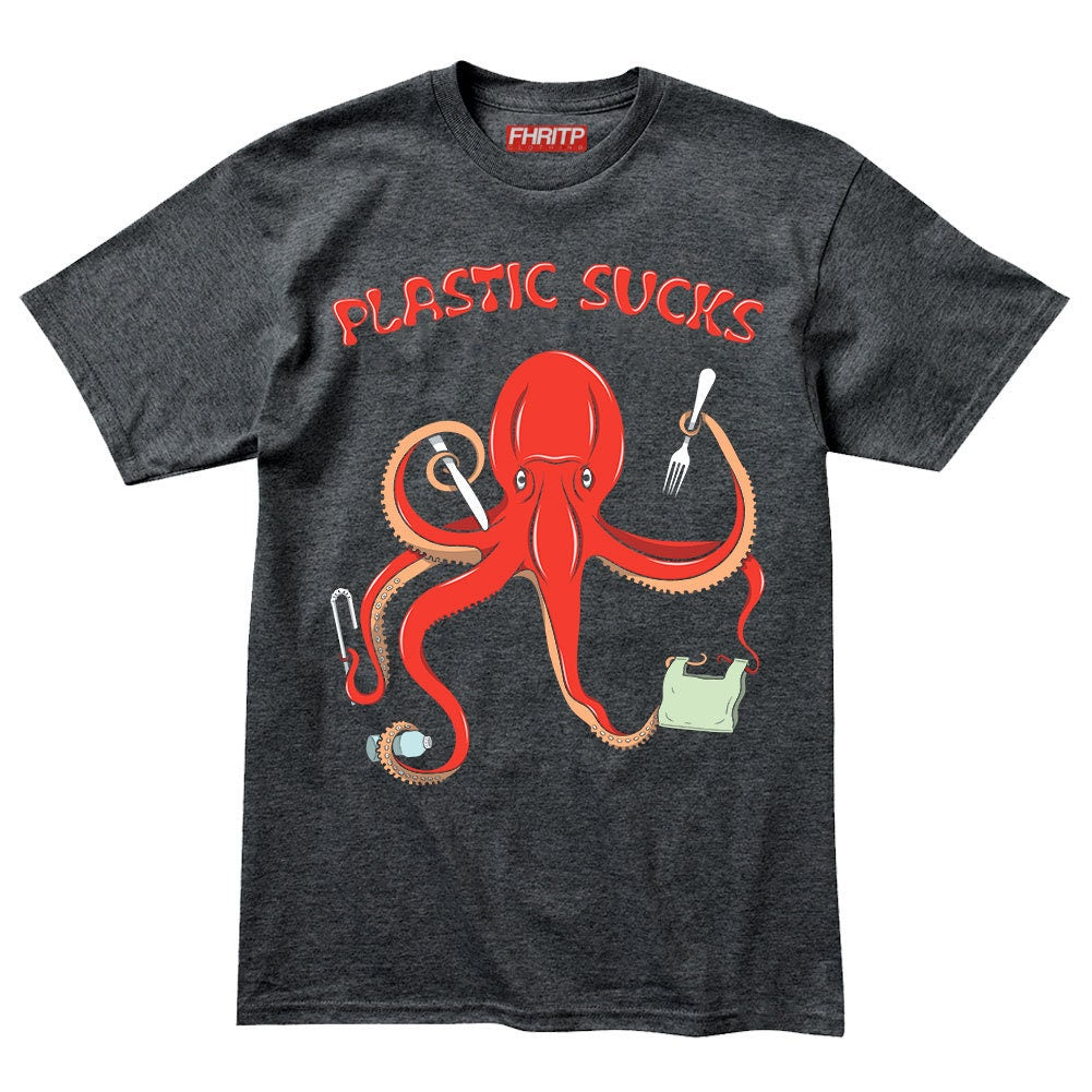 Mens Plastic Sucks Octopus Environmental Marine Protection Recycling Protest T shirt Tee Top