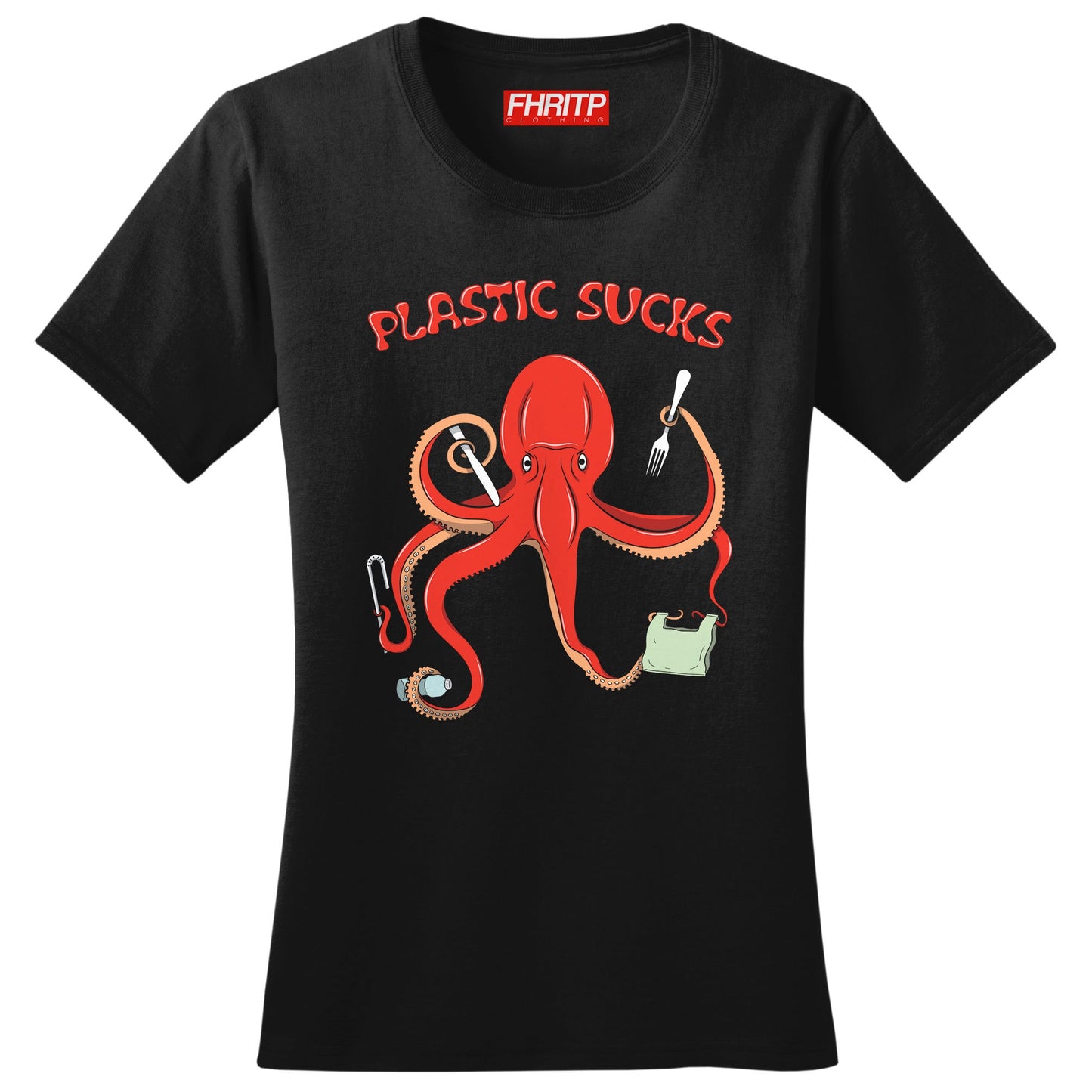 Ladies Plastic Sucks Octopus Environmental Marine Protection Recycling Protest T shirt Tee Top T-shirt