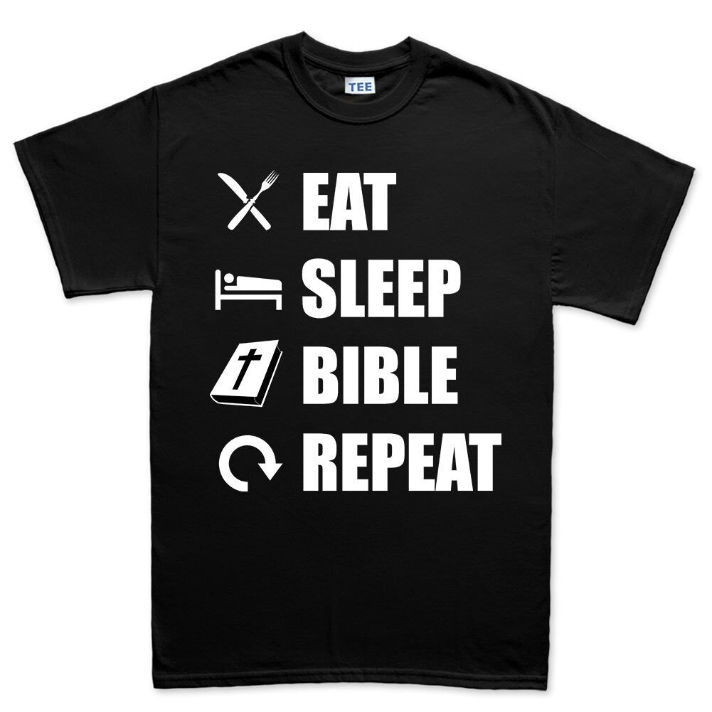 Mens Eat Sleep Bible Repeat Funny Religious Christian T shirt Tee Top T-shirt