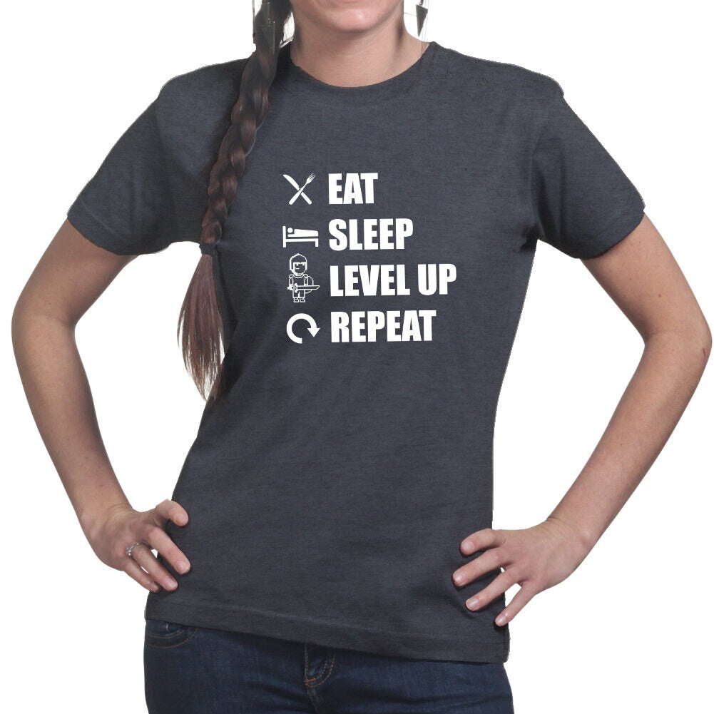 Womens Eat Sleep Level Up Repeat Funny Gaming T shirt Tee Top T-shirt