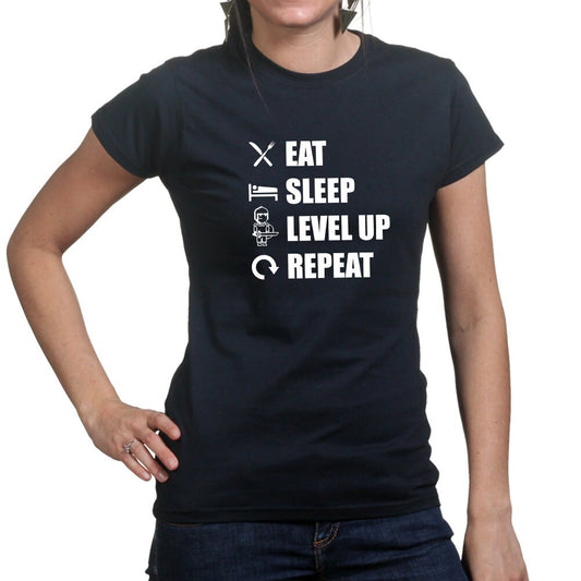 Womens Eat Sleep Level Up Repeat Funny Gaming T shirt Tee Top T-shirt