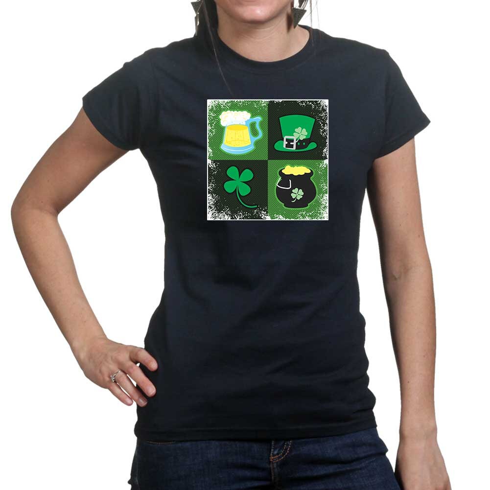 Ladies Irish Symbols Patricks Day Paddy Shamrock Leprechaun Funny T shirt Tee Top T-shirt