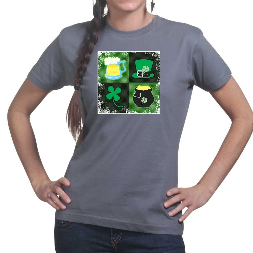 Ladies Irish Symbols Patricks Day Paddy Shamrock Leprechaun Funny T shirt Tee Top T-shirt