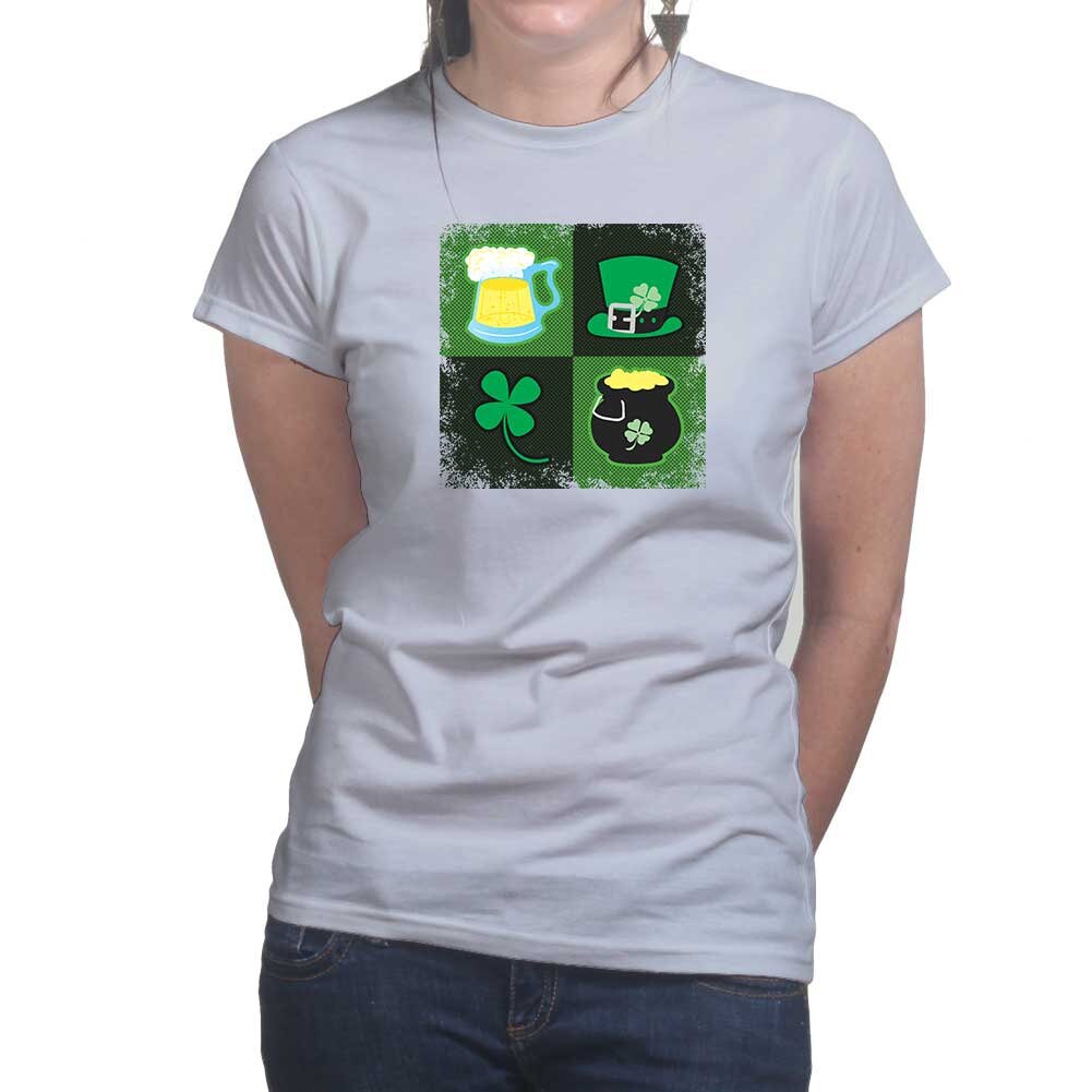 Ladies Irish Symbols Patricks Day Paddy Shamrock Leprechaun Funny T shirt Tee Top T-shirt