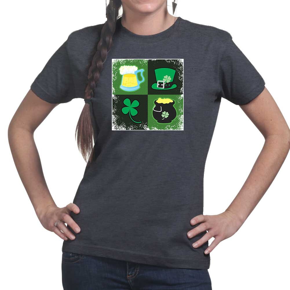 Ladies Irish Symbols Patricks Day Paddy Shamrock Leprechaun Funny T shirt Tee Top T-shirt