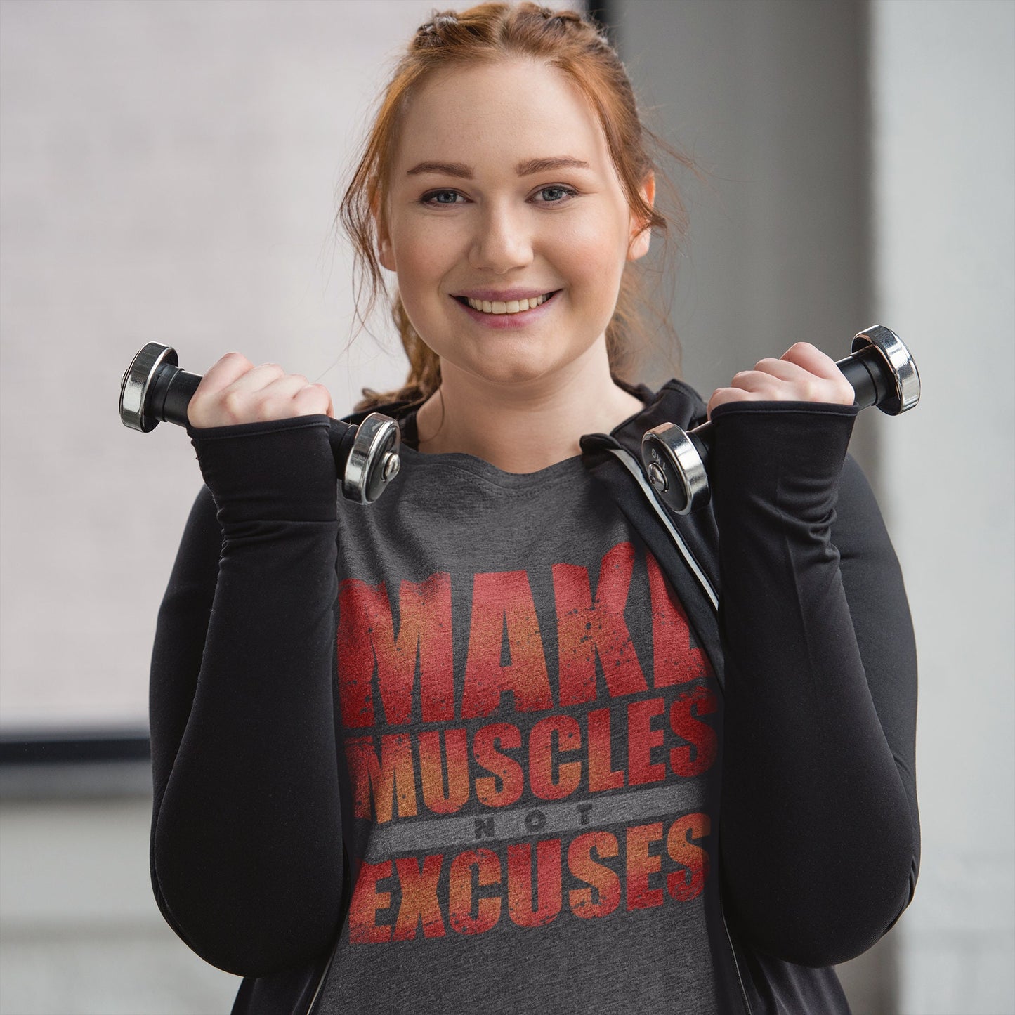 Make Muscles Not Excuses Fitness for Women - Soft Material Novelty Gym Shirt - Workout Gym Graphic - Motivational Gym Lovers