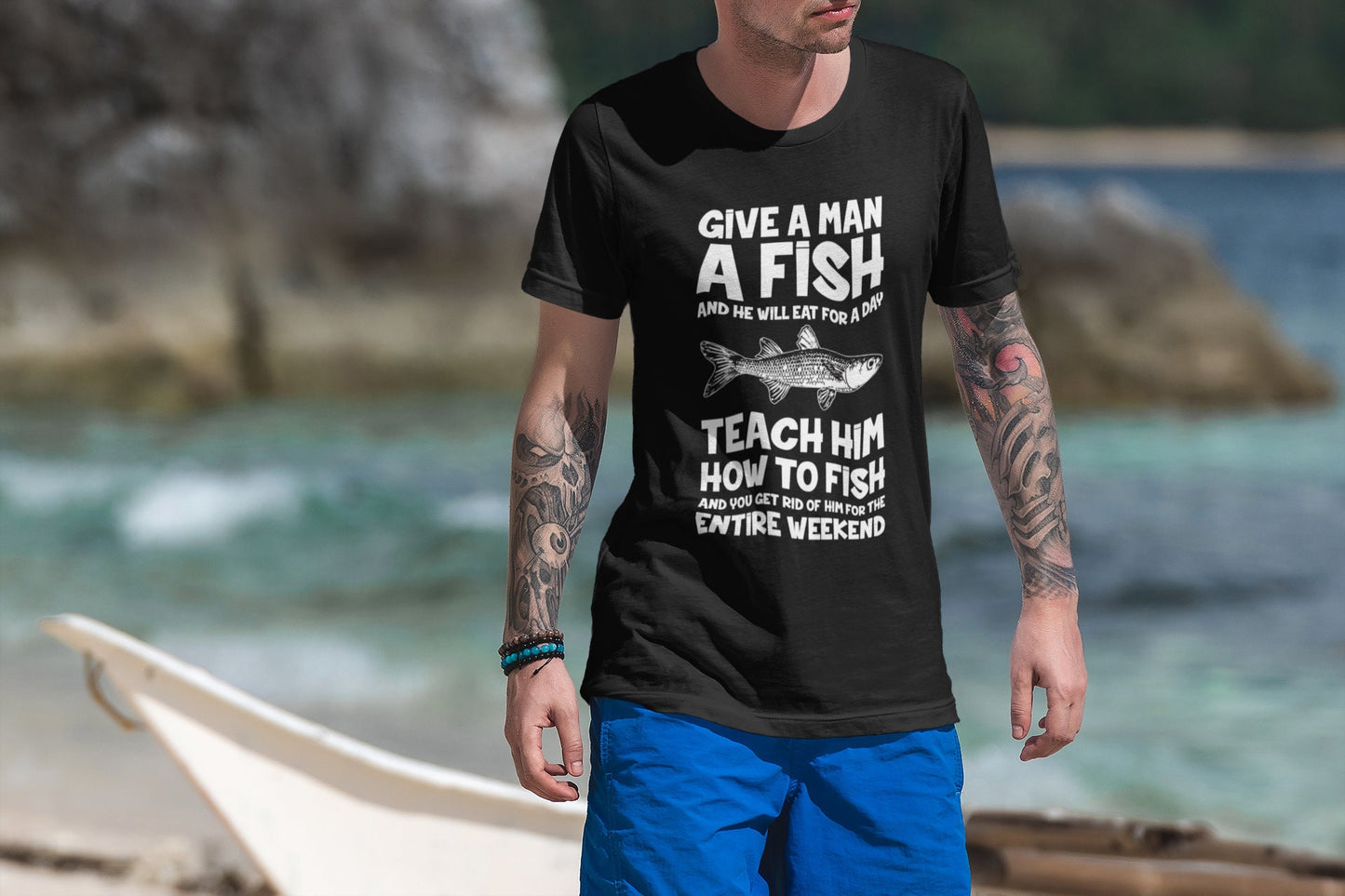 Give a Man a Fish Funny Mens Fishing Angler T-shirt