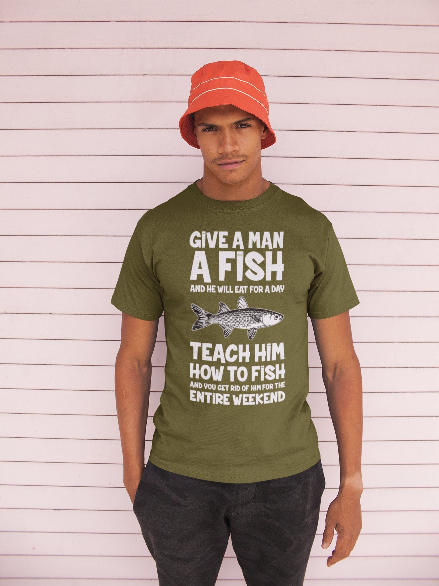 Give a Man a Fish Funny Mens Fishing Angler T-shirt