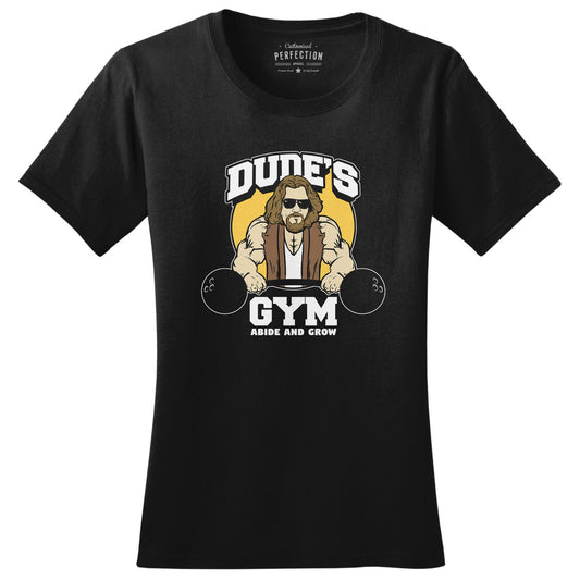 The Dude's Gym Abide & Grow Fitness Funny T Shirts for Women - Comfortable Novelty Gifts - Crazy Gym Tees - Workout Apparel