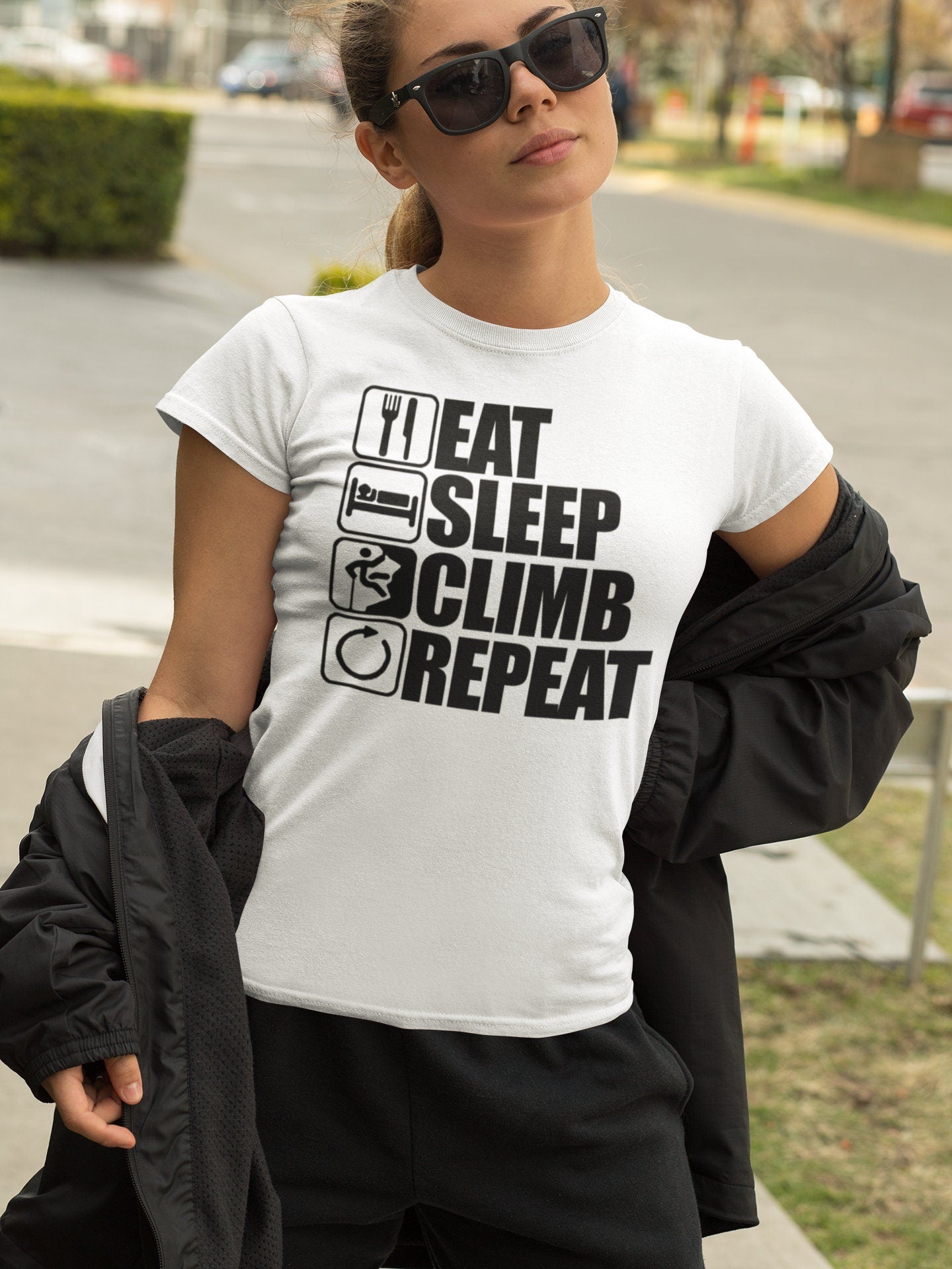 Rock Climbing Ladies T-shirt, Climbing Gift Shirt, Funny Ladies Shirt Adventure Gift, Climber Lover Gift, Eat Sleep Climber Ladies Shirt