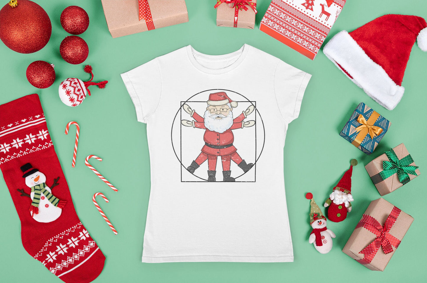 Vitruvian Man Christmas Shirt for Women, Funny Xmas Crew Shirt, Funny Holiday Shirt, Funny Santa Claus Shirt, Vitruvian Santa Ladies Shirt