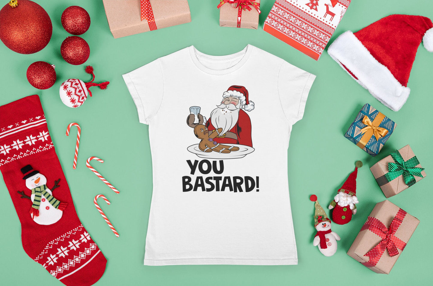 Funny Santa Claus Shirt for Women, Funny Santa Gingerbread Man T shirt, Funny Holiday Shirt Gift, You Bastard Gingerbread Man Ladies Shirt