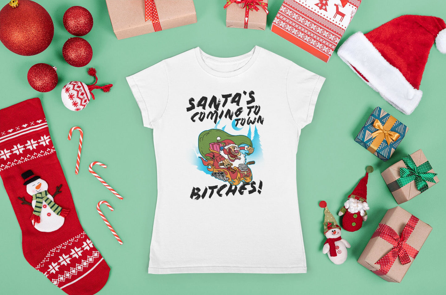 Funny Santa Christmas Women Shirt, Christmas Crew Shirt, Funny Holiday Shirt, Shirt with Sayings, Santas Coming to Town Bitches Ladies Shirt