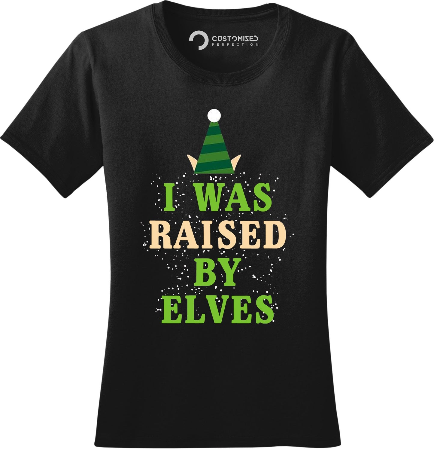 Funny Elf Christmas Shirt for Women, Funny Christmas T Shirt, Xmas Elf Gift Shirt, Funny Holiday T Shirt, I Was Raised By Elves Ladies Shirt