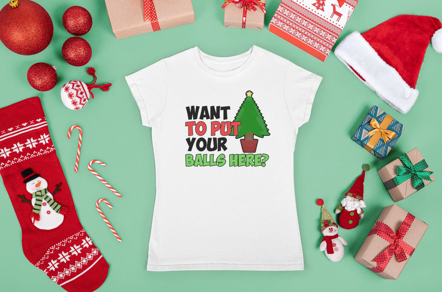 Funny Christmas Shirt, Christmas Tree Shirt, Funny Holiday Shirt, Christmas T shirt, Merry Christmas Tee, Want To Put Your Balls Here? Shirt