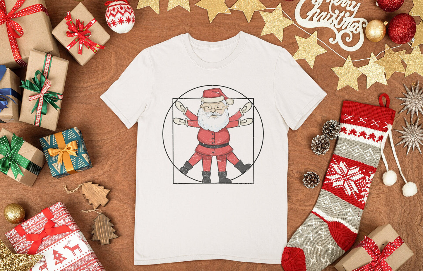 Vitruvian Man Christmas T shirt, Funny Christmas Crew Shirt, Funny Holiday Shirt, Funny Santa Claus Xmas Shirt, Vitruvian Santa Mens Shirt