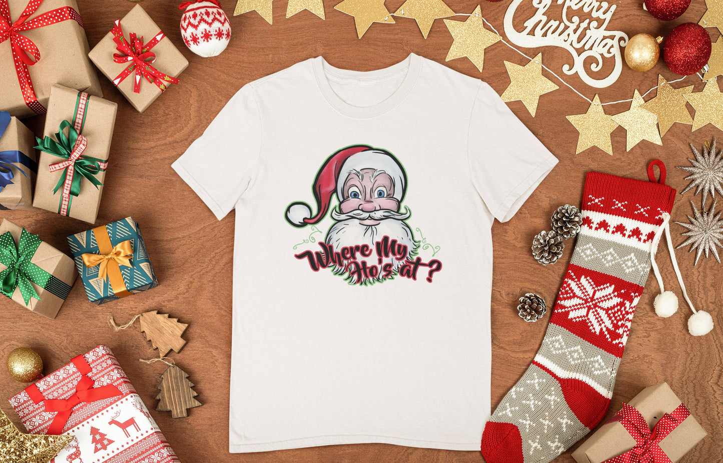 Christmas Funny Santa Shirt, Funny Gifts for Him, Cool Santa Claus Shirt, Funny Christmas Tee, Holiday T shirt, Where's my Hos At? T shirt