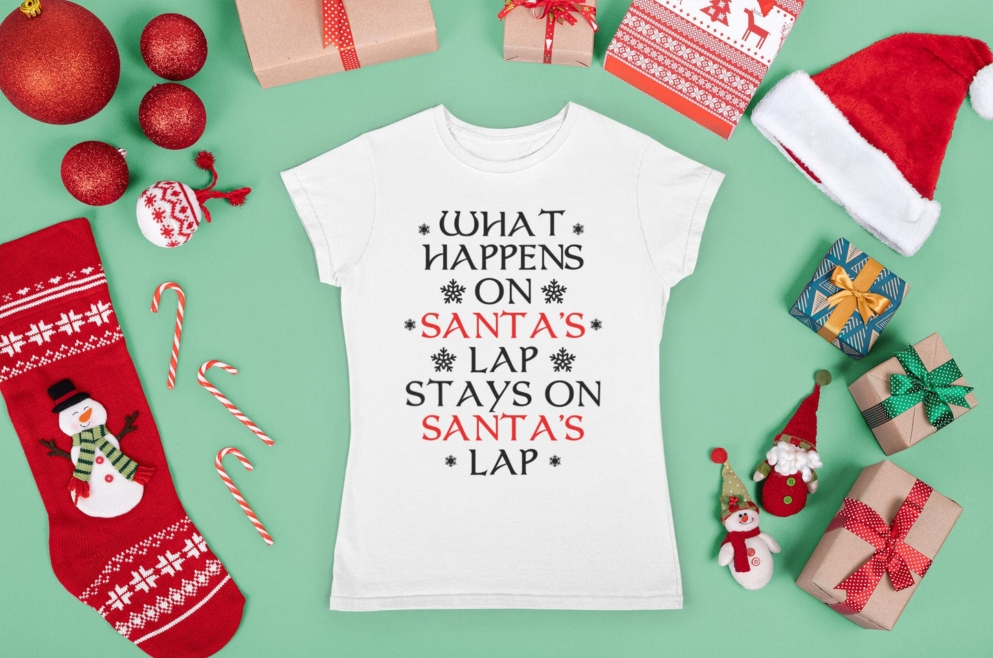 Rude Christmas Shirt, Christmas Family Shirt, Funny Christmas Saying Shirt, Christmas Gift Shirt, What Happens On Santa's Lap Ladies Shirt