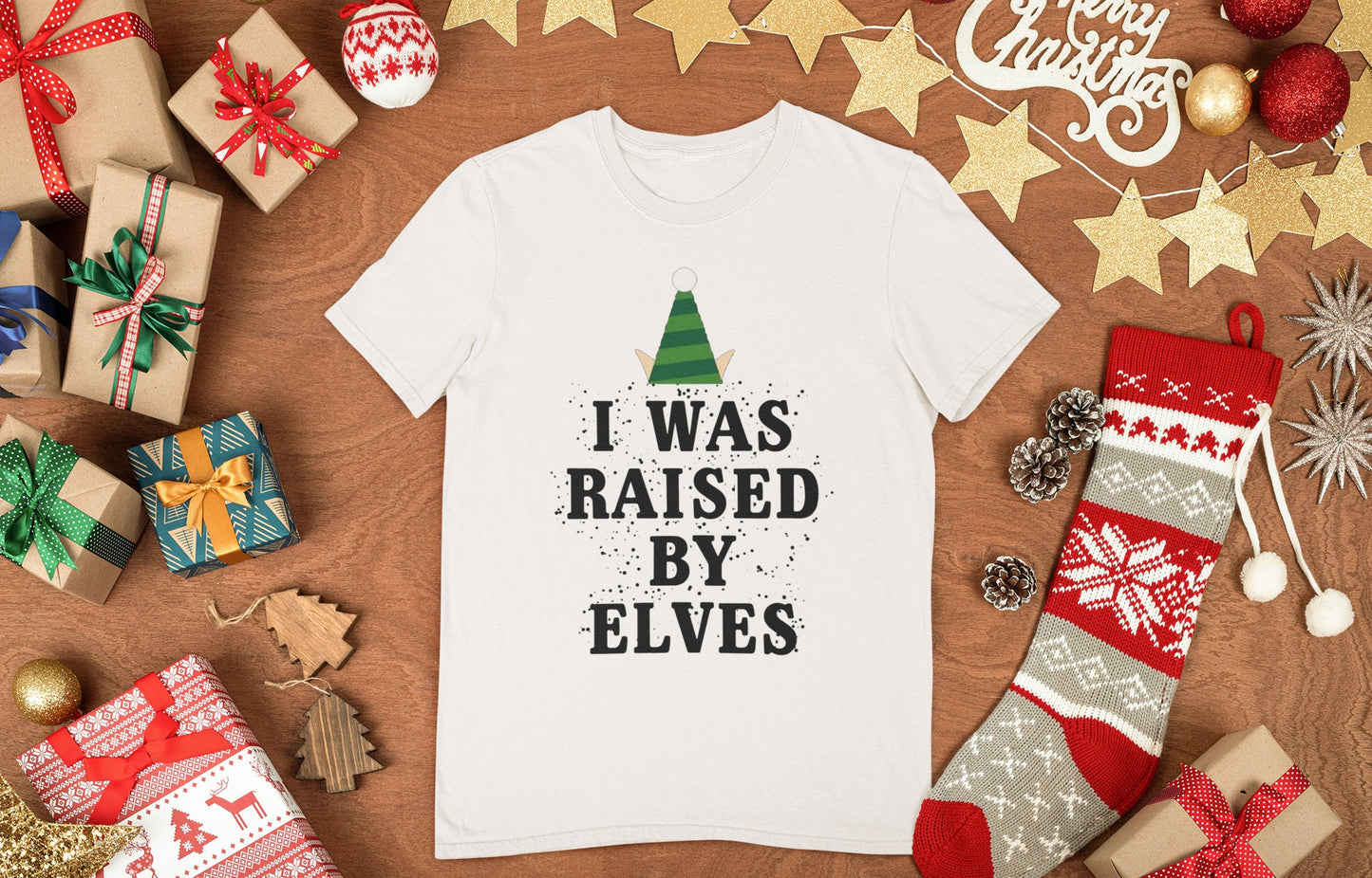 Funny Elf Christmas Shirt for Men, Funny Christmas Tee, Christmas Elf Gift Shirt, Funny Holiday T Shirt, I Was Raised By Elves Mens T Shirt