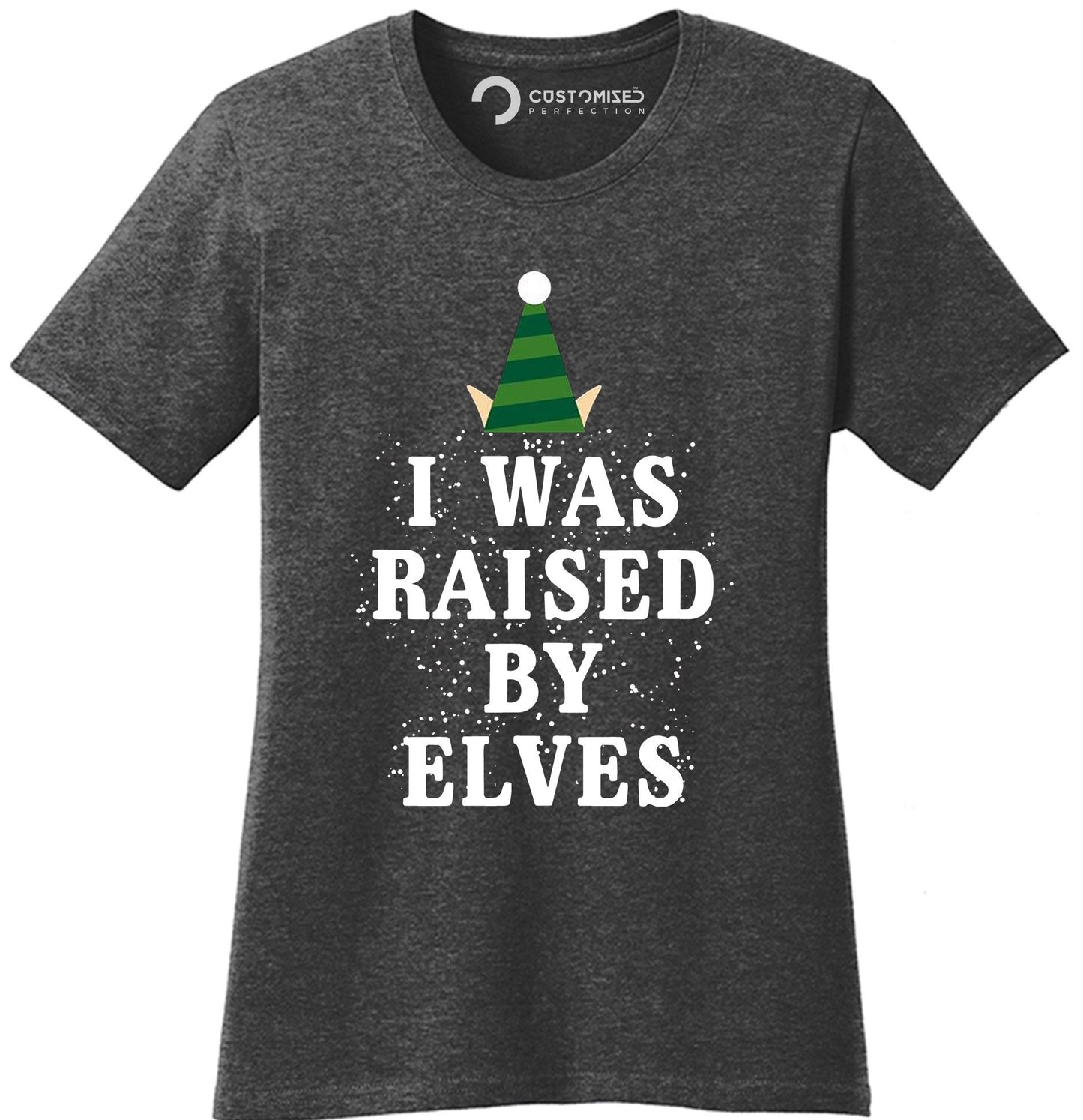 Funny Elf Christmas Shirt for Women, Funny Christmas T Shirt, Xmas Elf Gift Shirt, Funny Holiday T Shirt, I Was Raised By Elves Ladies Shirt