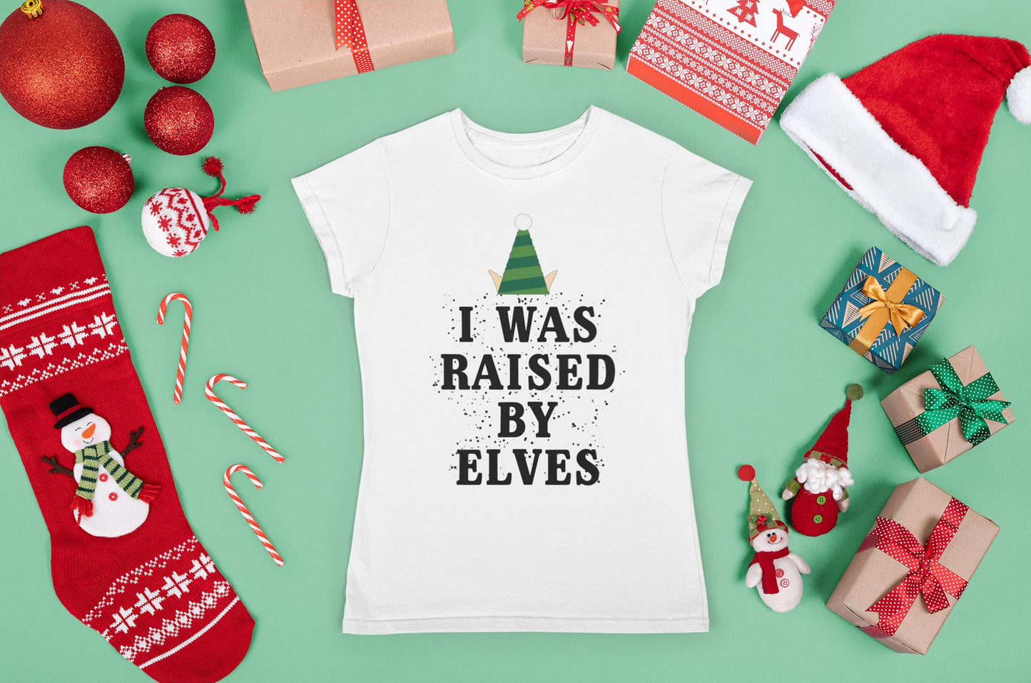 Funny Elf Christmas Shirt for Women, Funny Christmas T Shirt, Xmas Elf Gift Shirt, Funny Holiday T Shirt, I Was Raised By Elves Ladies Shirt