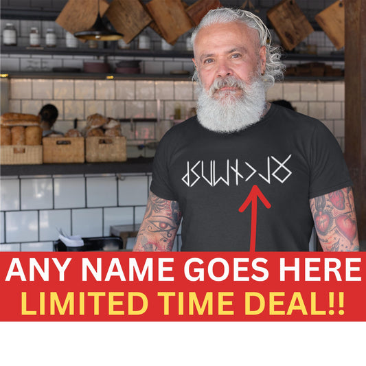 Name in RUNES Viking T-Shirt, Personalized Futhark Runes Tee, Custom Norse Tee Shirt, Unisex Viking Clothes, Norse Mythology Gifts