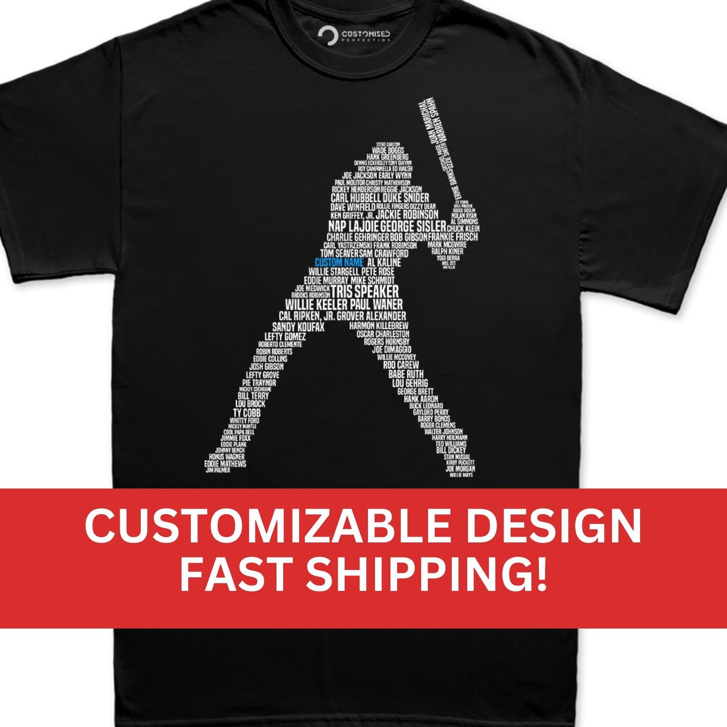 Custom baseball shirt depicting a baseball batter (hitter) who&#39;s shape is made out of famous baseball players like BabeRuth, Mickey Mantel, Joe Dimaggio and other hall of famers.