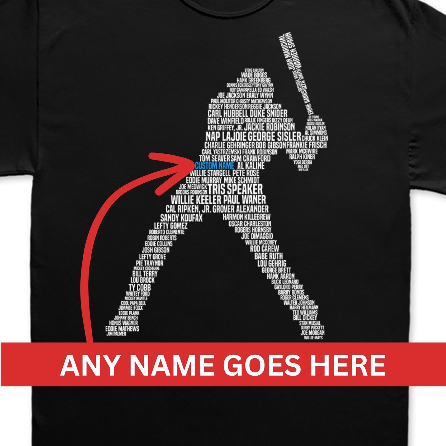 Custom baseball shirt depicting a baseball batter (hitter) who&#39;s shape is made out of famous baseball players like BabeRuth, Mickey Mantel, Joe Dimaggio and other hall of famers.