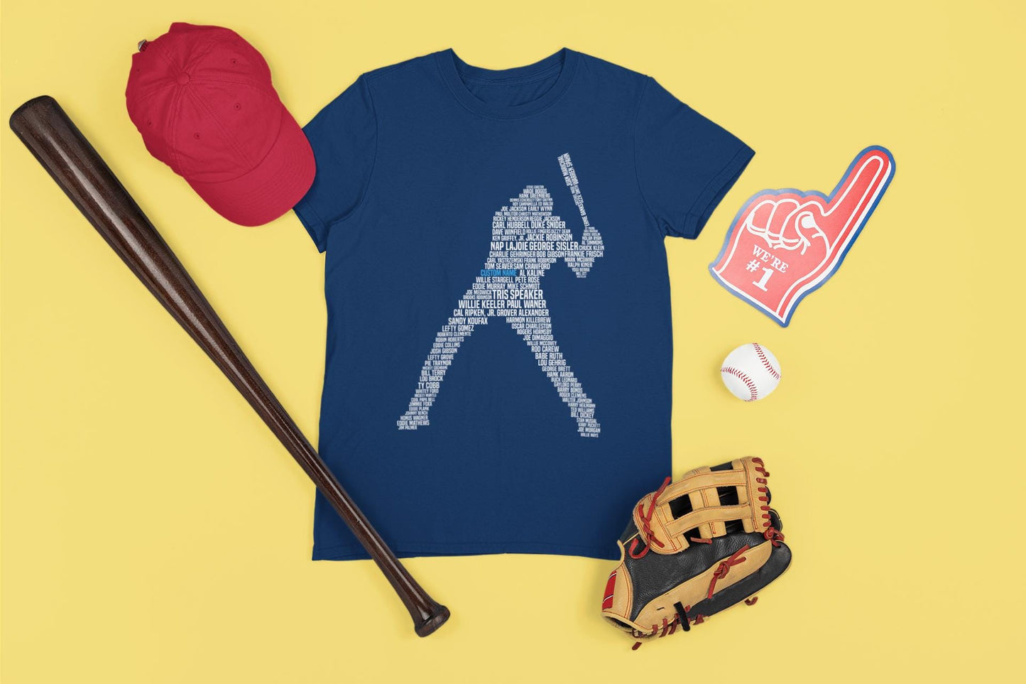 Custom baseball shirt depicting a baseball batter (hitter) who&#39;s shape is made out of famous baseball players like BabeRuth, Mickey Mantel, Joe Dimaggio and other hall of famers.