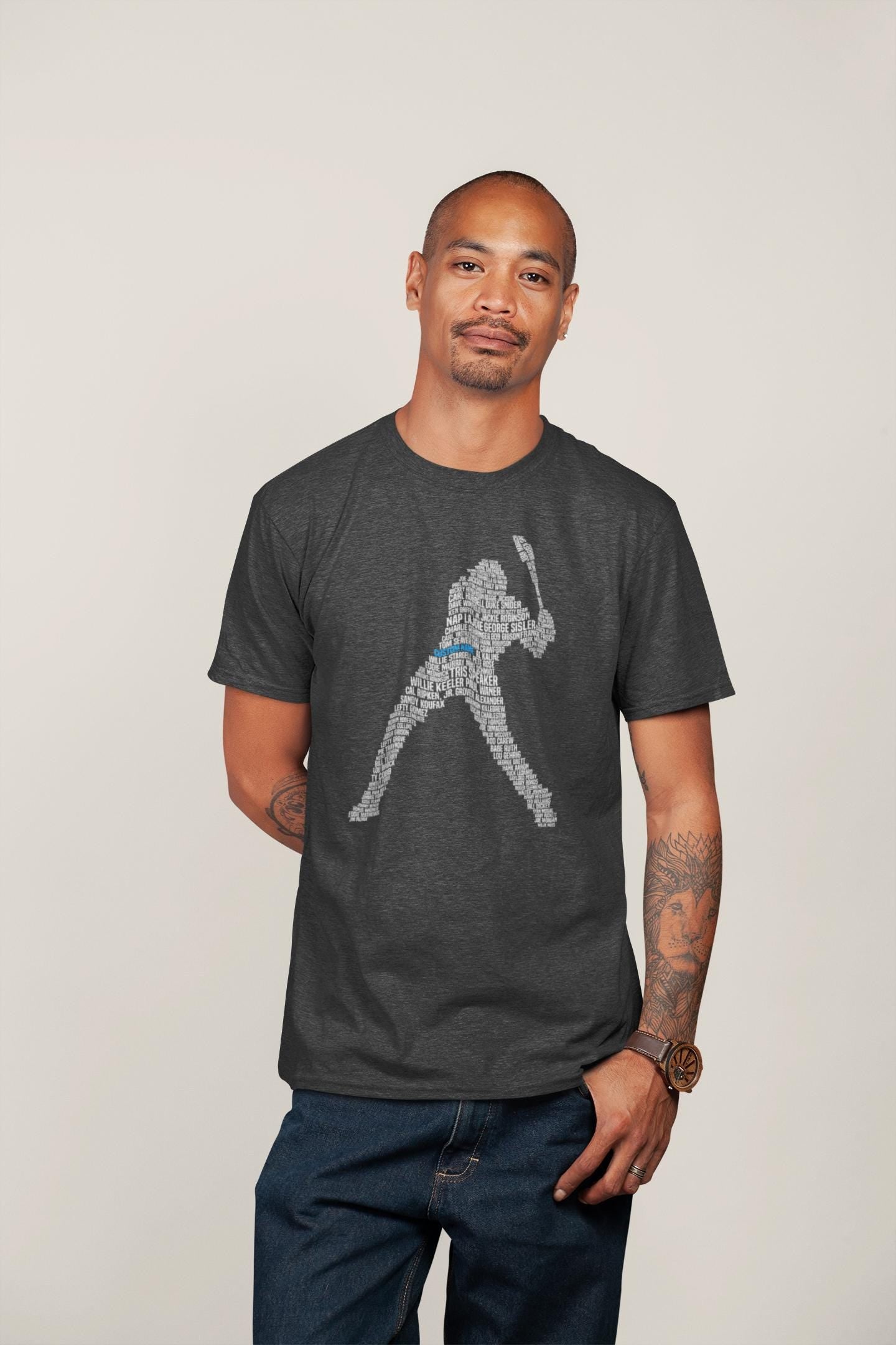 Custom baseball shirt depicting a baseball batter (hitter) who&#39;s shape is made out of famous baseball players like BabeRuth, Mickey Mantel, Joe Dimaggio and other hall of famers.