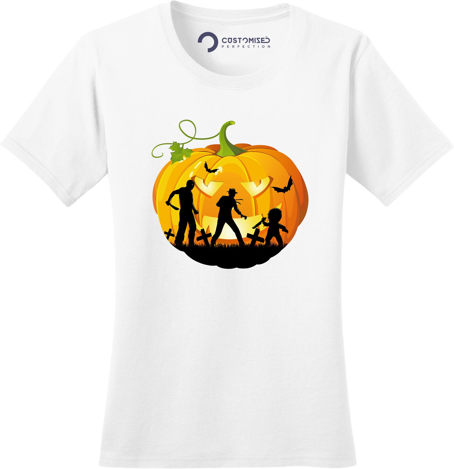 Pumpkin Horror Icons Halloween Shirts for Women - Michael Myers, Freddy Krueger, Chucky - Scary Movie Tee - Movie Merchandise