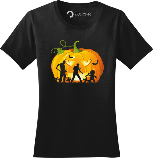 Pumpkin Horror Icons Halloween Shirts for Women - Michael Myers, Freddy Krueger, Chucky - Scary Movie Tee - Movie Merchandise